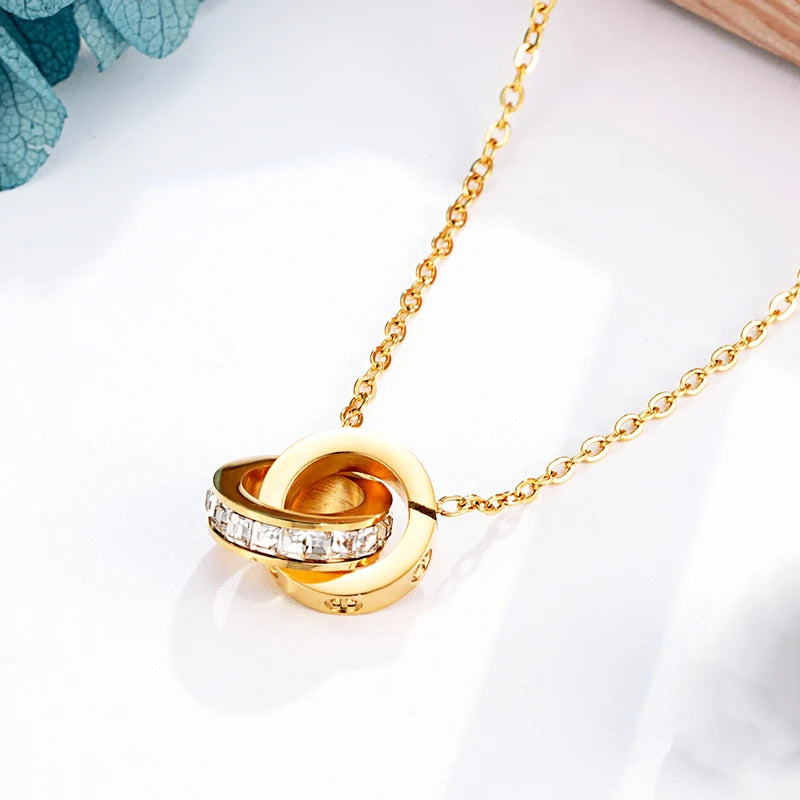 Double Circle Design Cross screw And Crystal Necklace Pendant For Women Stainless Steel Top Quality Love nails Necklace