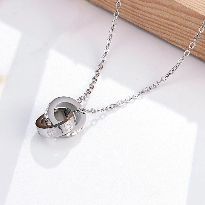 Double Circle Design Cross screw And Crystal Necklace Pendant For Women Stainless Steel Top Quality Love nails Necklace