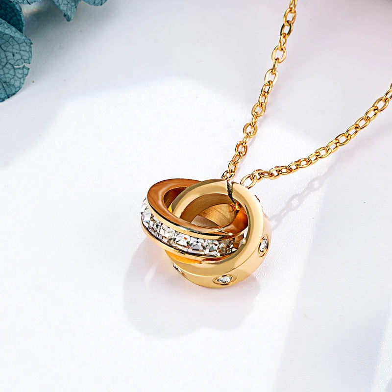 Double Circle Design Cross screw And Crystal Necklace Pendant For Women Stainless Steel Top Quality Love nails Necklace